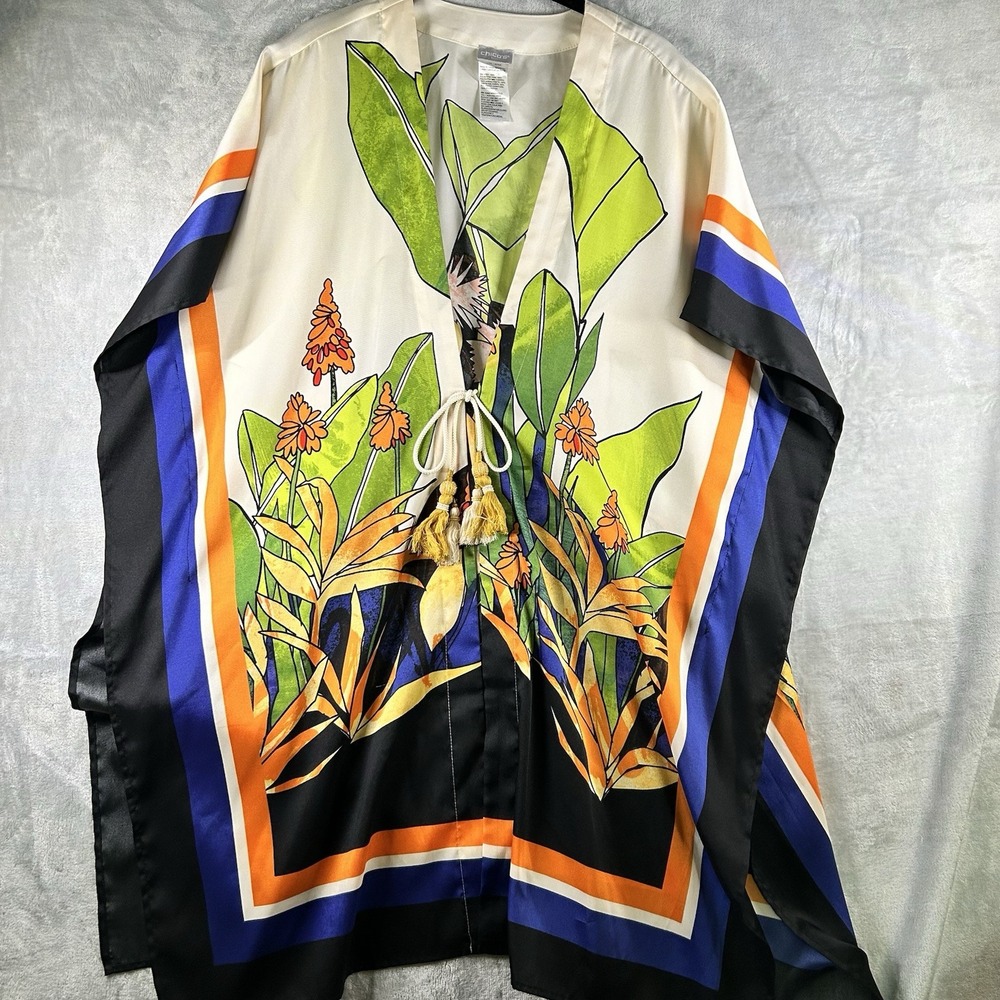 Chico's‎ Bird of Paradise Kimono Duster – L/XL – Tropical Floral Cover-Up Tassel